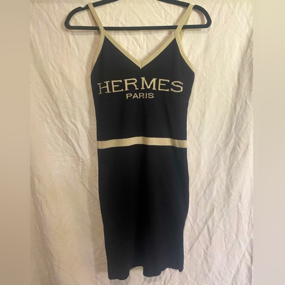 None Dresses & Skirts - Hermes Paris Logo Black Bodycon Knit Sweater Stretch Tank Mini Dress Size Small